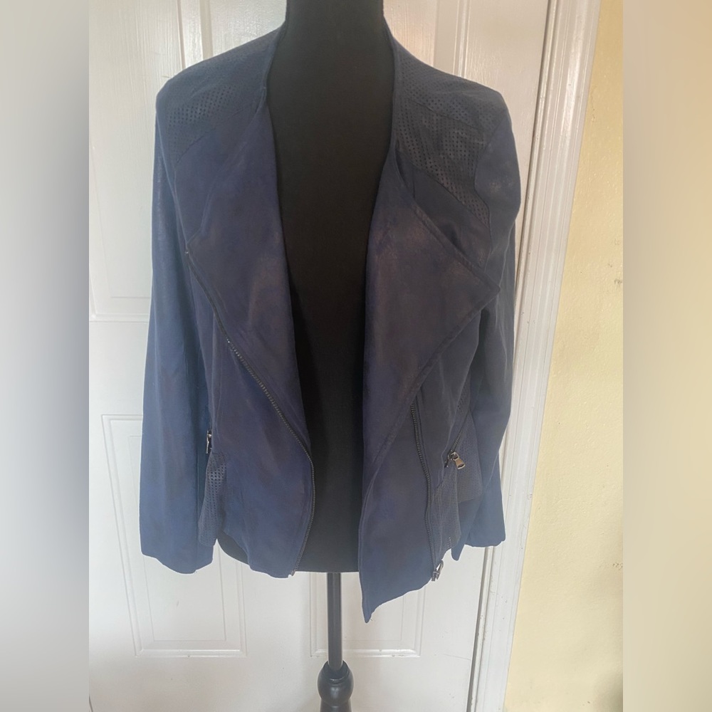 Rebecca Elliot Navy Suede Zip Up Moto Jacket with Mesh Details